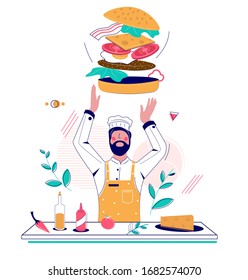 Man in chef hat burgermaker holding huge burger with meat patty, tomatoes, egg, lettuce, cheese and ketchup, vector flat illustration. Burger house concept for web banner, website page etc.