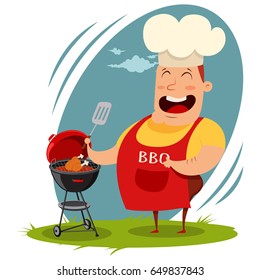 Man in a chef hat cooking a whole chicken on the barbecue. Vector cartoon illustration of a happy fat male with a culinary spatula prepares a grill meal on the bbq.