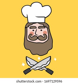 Man chef have mustache and sharp knife cartoon logo vector illustration