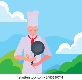 man chef holding frying pan cooking