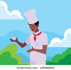man chef holding frying pan cooking