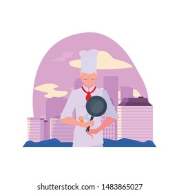 man chef holding frying pan cooking