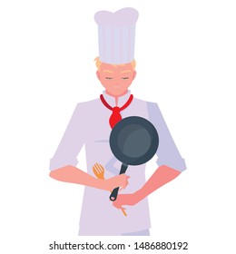 man chef holding frying pan cooking