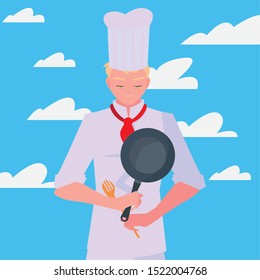 man chef holding frying pan cooking outdoors background sky vector illustration