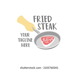 Man chef holding a pan with steak, logo design. Food, meal, meat, restaurant, catering and canteen, vector design and illustration