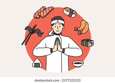 Man chef of japanese restaurant invites to eat sushi or maki rolls with rice and fresh salmon. Asian guy from oriental cuisine cafe makes welcoming gesture, standing near maki rolls and fried shrimp