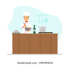 Man Chef at Kitchen Table Mixing Something in Bowl Vector Illustration