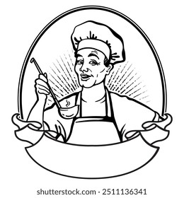 Man chef label cooking in the kitchen. Smiling master chef preparing soup vector black graphic label printable illustration isolated on white for design or Father's day.