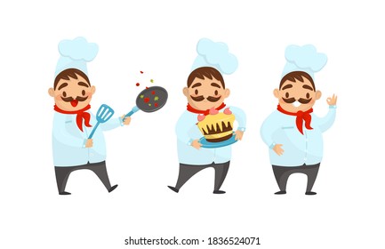 Man Chef with Moustache Carrying Cake and Frying Pan Vector Illustration Set