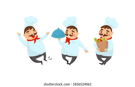 Man Chef with Moustache Carrying Dish Tray and Foodstuff Vector Illustration Set