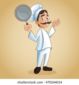 man chef mustache chefs hat frying pan person kitchen restaurant icon. Cartoon and anime design. Vector illustration
