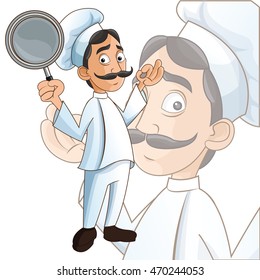 man chef mustache chefs hat frying pan person kitchen restaurant icon. Cartoon and anime design. Vector illustration