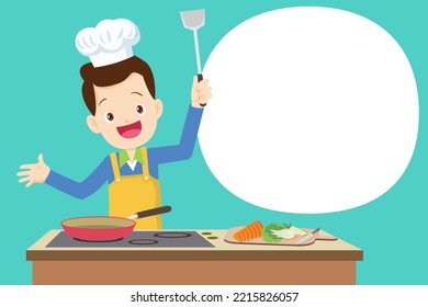 man chef present cooking in the kitchen with speech bubble