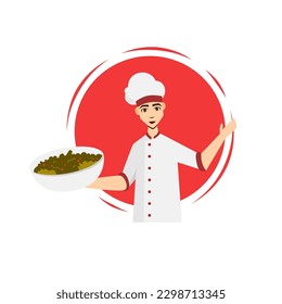 hombre como chef sirviendo un tazón de ensalada. ilustración vectorial para afiches, sitios web y medios sociales.