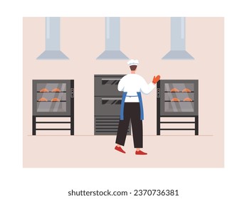 Man chef is standing looking at baking bread in a large oven, pastry industry professional. Character design. Vector flat illustration