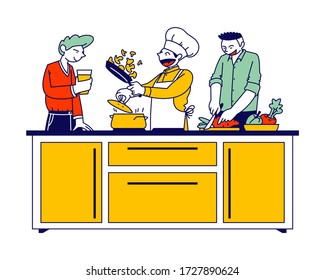 Man in Chef Toque and Apron Cook on Pan with Fire. Restaurant Staff Character, Social Media Blogger Broadcasting Cooking Show. Healthy Eco Food, Culinary Program. Linear People Vector Illustration