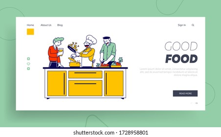 Man in Chef Toque and Apron Cook on Pan with Fire Landing Page Template. Restaurant Staff Character, Social Media Blogger Broadcasting Cooking Show, Culinary Program. Linear People Vector Illustration