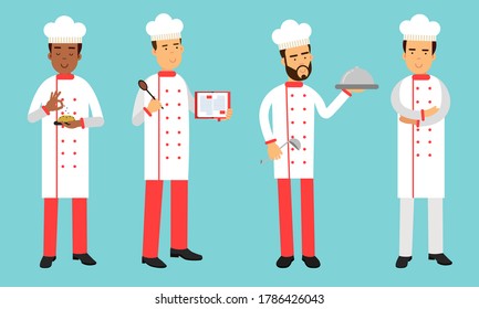 Chefkoch mit weißem Hut und geknöpftem Cook Jacket Vektorgrafik Set