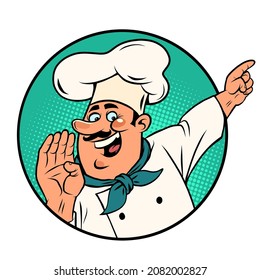 Man chef in a white cap. Smiling face. Professional points a finger Isolate on a white background