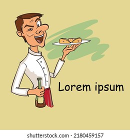 A man in a chef's uniform with a dish in one hand and a bottle of wine in the other