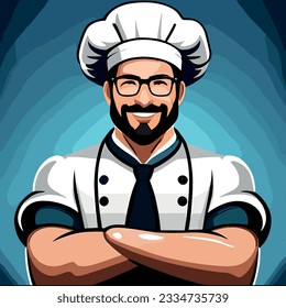 A man in a chef's uniform with his arms crossed in his pristine uniform, blue - black background, vector art, ChefLife, KitchenGoals, MasterChef, Food Inspiration, ChefMode, Food Art, Chef Uniform.