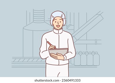 Man chemical factory technologist holding clipboard, standing near industrial equipment for production of detergents. Factory worker producing chemicals or fuels and lubricants for cars