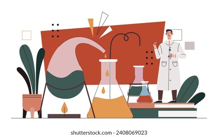 Man with chemical processes. Young guy with medical coat in lab with reagents. Scientist conduct chemical research in laboratory. Cartoon flat vector illustration isolated on white background