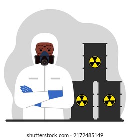 A man in a chemical protection suit next to black barrels with a picture warning about the toxicity of the waste. Radiation.
