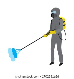 A man in chemical protection suit performs treatment and disinfection. A character isolated on a white background in a flat style