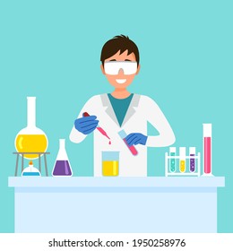 Hombre químico haciendo un nuevo experimento analítico en laboratorio. Científico con química analítica.