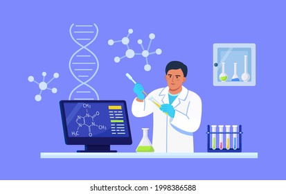 Man chemist with flasks with liquid in hand. Scientist is experimenting with equipment for vaccine discovery. Doctor working on antiviral treatment development Vector illustration