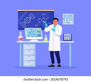 Man chemist with flasks with liquid in hand. Scientist is experimenting with equipment for vaccine discovery in lab. Doctor working on antiviral treatment development. Vector illustration