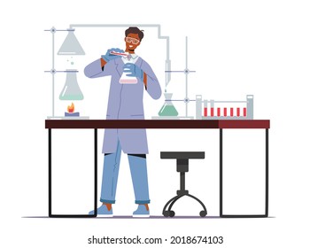 Man Chemist Scientist Wearing Coat Holding Beaker Conducting Chemical Experiment in Scientific Lab. Male Character Researcher in Chemical Scientific Research Laboratory. Cartoon Vector Illustration,