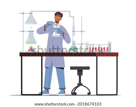 Man Chemist Scientist Wearing Coat Holding Beaker Conducting Chemical Experiment in Scientific Lab. Male Character Researcher in Chemical Scientific Research Laboratory. Cartoon Vector Illustration,