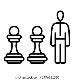 Man and chess pawns. Playing chess, manipulation in business. Vector icon, outline, isolated.