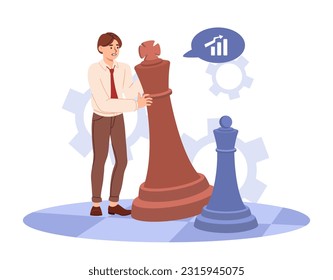 Man with chess pieces concept. Businessman or entrepreneur develops strategy and plans development of company. Leadership and vision for future, goal setting. Cartoon flat vector illustration