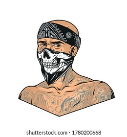 Man with chicano tattoos wearing bandana and scary mask in vintage style isolated vector illustration