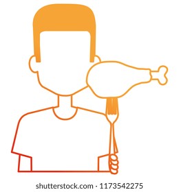 man with chicken thigh in fork