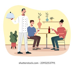 Man chief concept. Guy in white uniform with tray near clients in cafe or restaurant. Catering staff and worker. Cook with dish near young couple with wine. Cartoon flat vector illustration