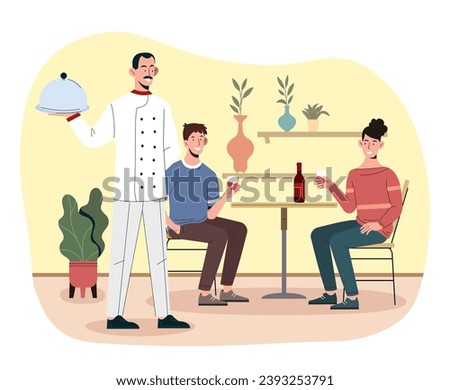 Man chief concept. Guy in white uniform with tray near clients in cafe or restaurant. Catering staff and worker. Cook with dish near young couple with wine. Cartoon flat vector illustration