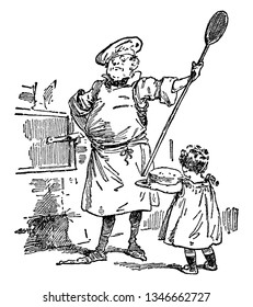 A man and child baking bread, vintage line drawing or engraving illustration