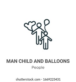 Ein Kind und Ballons umreißen das Symbol der Vektorillustration. Dünne Linie, schwarzer Mann Kind und Ballons Symbol, flache Vektorillustration einfache Elementgrafik aus bearbeitbaren Menschen Konzept einzeln auf weißem Hintergrund
