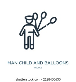 man child and balloons thin line icon. happy, person linear icons from people concept isolated outline sign. Vector illustration symbol element for web design and apps.