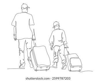 Man and child boy walking away and pulling suitcases. Travel. Rear view. Continuous line drawing. Black and white vector illustration in line art style.