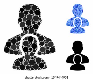 Man child composition of small circles in variable sizes and color tints, based on man child icon. Vector filled circles are combined into blue composition.