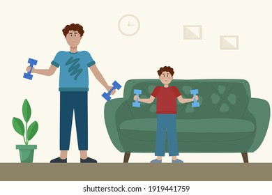 Man and child with dumbbells home fitness. The concept of family sports, gymnastics, gym at home. People in sportswear are Strong, athletic. The father and the son and demonstrating their muscles.