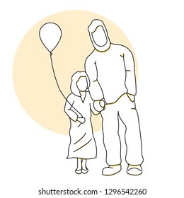 A man with a child. Father and daughter hold hands, the girl holds a balloon in her hands. Illustration in the style of flat and line art on a white and orange background. Vector illustration.