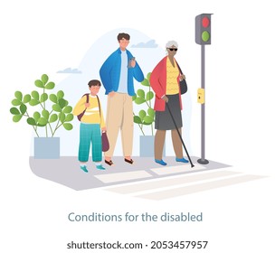 Man, child and girl standing at traffic light. Pedestrian crossing, observance of traffic rules. Modern city and town infrastrcture for disabled people inclusion. Cartoon flat vector illustration