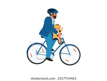 Man with child in helmets on bike. Happy father and kid in bicycle children chair. Family relationship concept. 