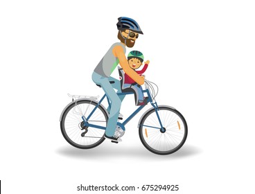 Man with child in helmets on bike. Happy father and sun on white background. Vector illustration.